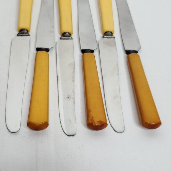 Vintage Steak Knife Set Bakelite Handles Yellow Butterscotch Stainless Steel - Picture 4 of 7